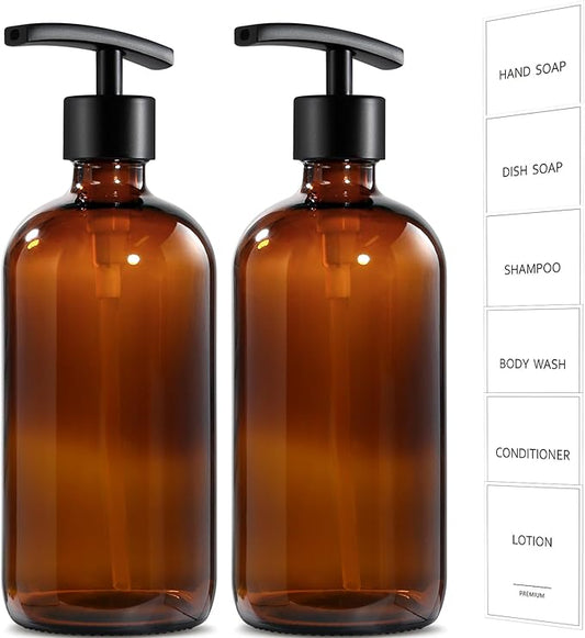 GMISUN Amber Glass Soap Dispenser, 2 Pack Bathroom Hand Soap Dispensers with Stainless Steel Pump, 17 Fl Oz Kitchen Hand and Dish Soap Dispenser Set, Modern Vintage Liquid Brown Soap Dispensers Bottle by GMISUN