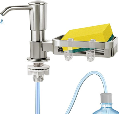 Soap Dispenser for Kitchen Sink, Built in Sink Soap Dispenser Pump with Sponge Holder, Brushed Nickel ABS Sink Dish Soap Dispensers Under Counter, with 39" Extension Tube Kit,No Refill Needed