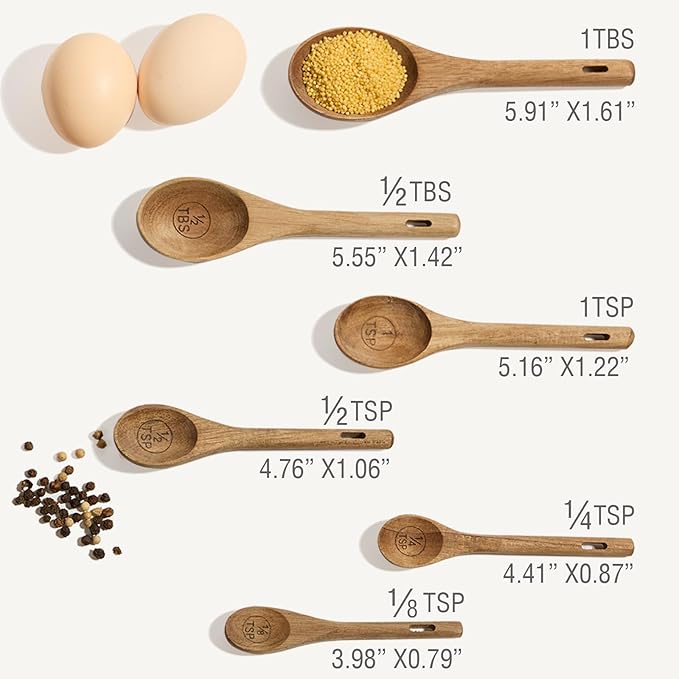 6pcs Measuring Spoons Set, Natural Acacia Wooden Measuring Spoons Includes 1/8 tsp, 1/4 tsp, 1/2 tsp, 1 tsp, 1/2 tbsp & 1 tbsp, Cute Teaspoon Tablespoon for Measuring Dry Ingredients - Image 3