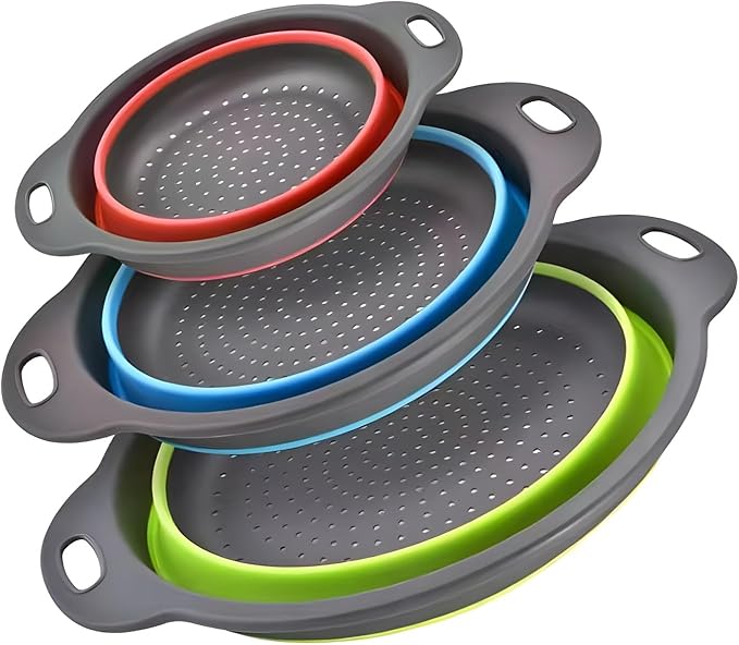 Silicone Colander Collapsible Strainers Set for Kitchen- 3 Pack (3Qt, 4Qt,5Qt) -Over Home Draining Basket, Food Vegetables & Fruits-Dishwasher Safe, BPA Free Space Saving Design (Green,Blue,Red) by Youxiupinpai