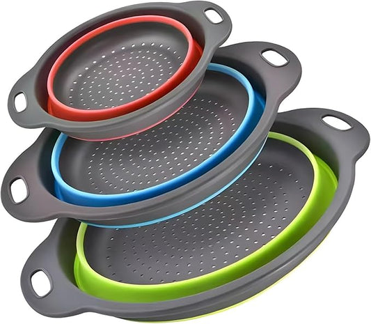 Silicone Colander Collapsible Strainers Set for Kitchen- 3 Pack (3Qt, 4Qt,5Qt) -Over Home Draining Basket, Food Vegetables & Fruits-Dishwasher Safe, BPA Free Space Saving Design (Green,Blue,Red) by Youxiupinpai