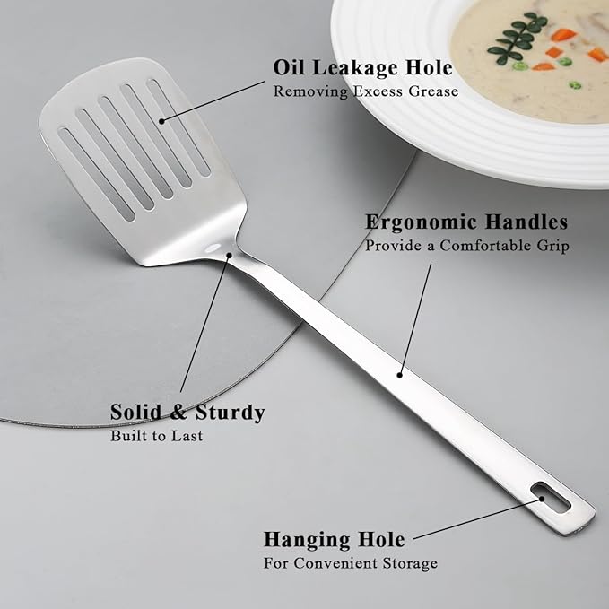 Kyraton Stainless Steel Spatulas Set, Silver Slotted Turner, Solid Turner, Kitchen Spatulas for Nonstick Cookware, Dishwasher Safe, Easy to Clean - Image 4