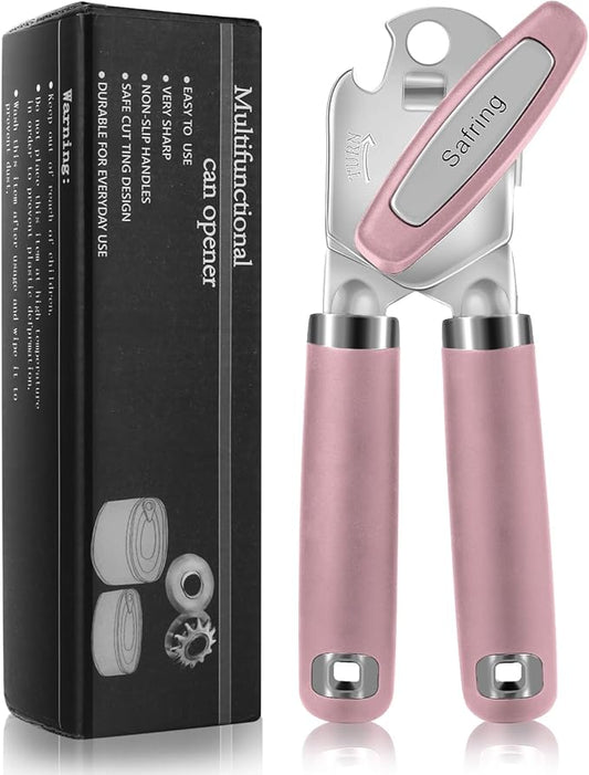 Safring Can Opener Manual, Heavy Duty Handheld Strong Can Opener with Soft Touch Handle, Sharp Blade Smooth Edge, Can Openers with Multifunctional Bottle Opener, Pink by Safring