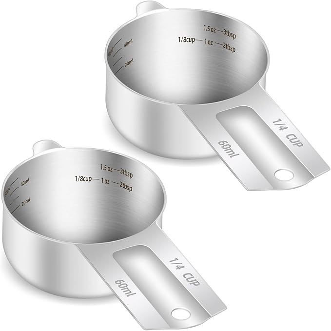 2PCS 1/4Cup (60ml, 2oz) Single Measuring Cup, Etched Inner Scale Stainless Steel Measure Scoop, Metric and US Measurement, Dishwasher Safe by BERYLER
