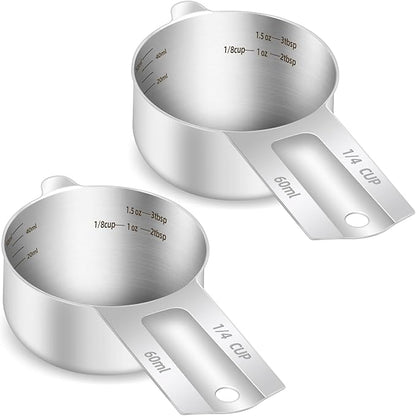 2PCS 1/4Cup (60ml, 2oz) Single Measuring Cup, Etched Inner Scale Stainless Steel Measure Scoop, Metric and US Measurement, Dishwasher Safe by BERYLER
