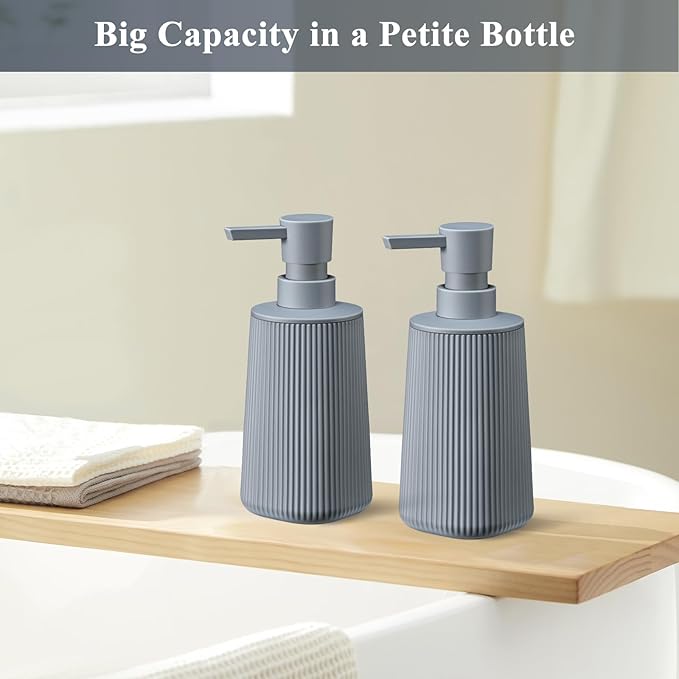 Gray 2 Pack Hand Soap Dispensers Set with No Rust Pump for Bathroom and Kitchen Countertops Refillable Matte Striped Plastic 8.5 oz
