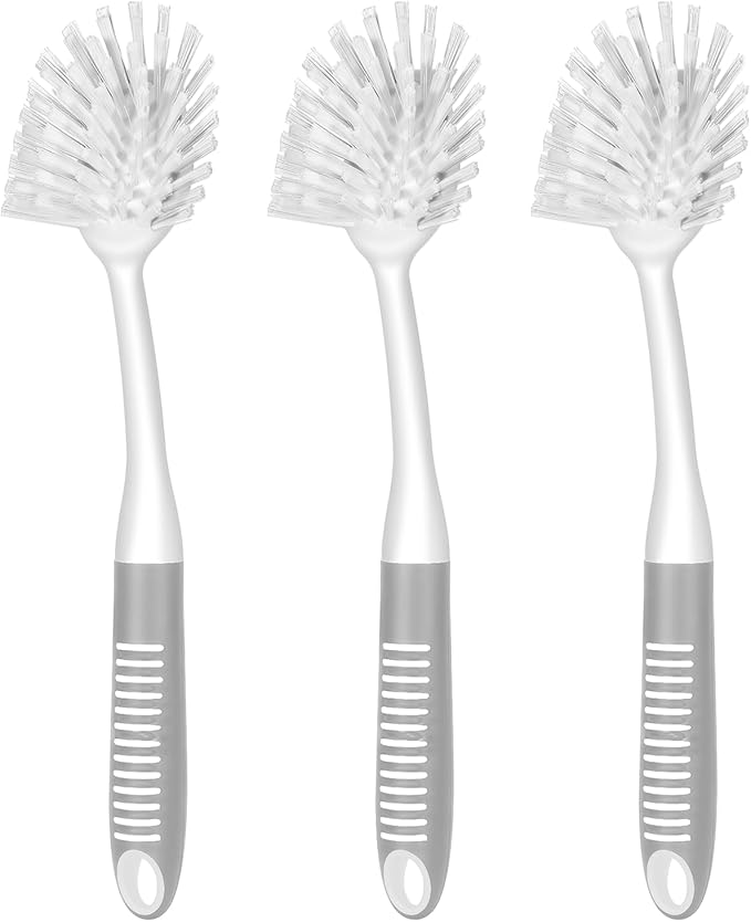 SetSail Dish Brush with Handle, 3 Pack Stiff Bristles Dish Scrubber with Built-in Scraper Dish Scrub Brushes for Cleaning Dishes, Pots and Pans, Kitchen Sink, 3 Pack, Grey White by SetSail