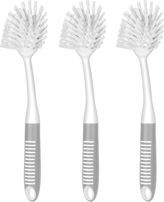 SetSail Dish Brush with Handle, 3 Pack Stiff Bristles Dish Scrubber with Built-in Scraper Dish Scrub Brushes for Cleaning Dishes, Pots and Pans, Kitchen Sink, 3 Pack, Grey White by SetSail