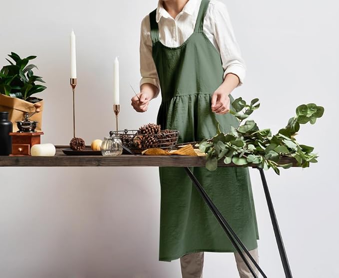 Uaussi Cotton Linen Apron Cross Back Work Apron for Women with Pockets Pinafore Dress X Cross Halter Apron for Chef Gardening - Image 3