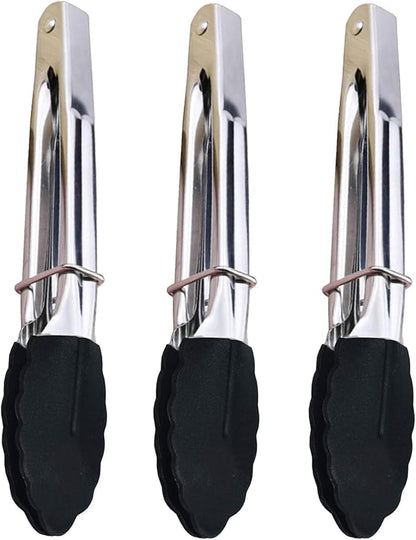 Mini Kitchen Tongs with Silicone Tips, 3-Piece Set, 7-Inch Non-Stick Tongs with Stainless Steel Silicon Handles, Heat Resistant for Cooking and Serving (Black) by JXJYZLN