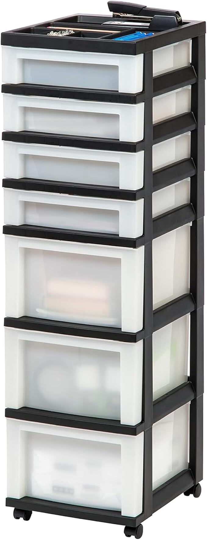 IRIS USA Plastic Drawer Storage Organizer Rolling Cart, with Wheels Casters, 2-Pack, 7-Drawers, for Classroom Art Craft Supplies Dresser Closet Bathroom Laundry Room, Black/Pearl - Image 4