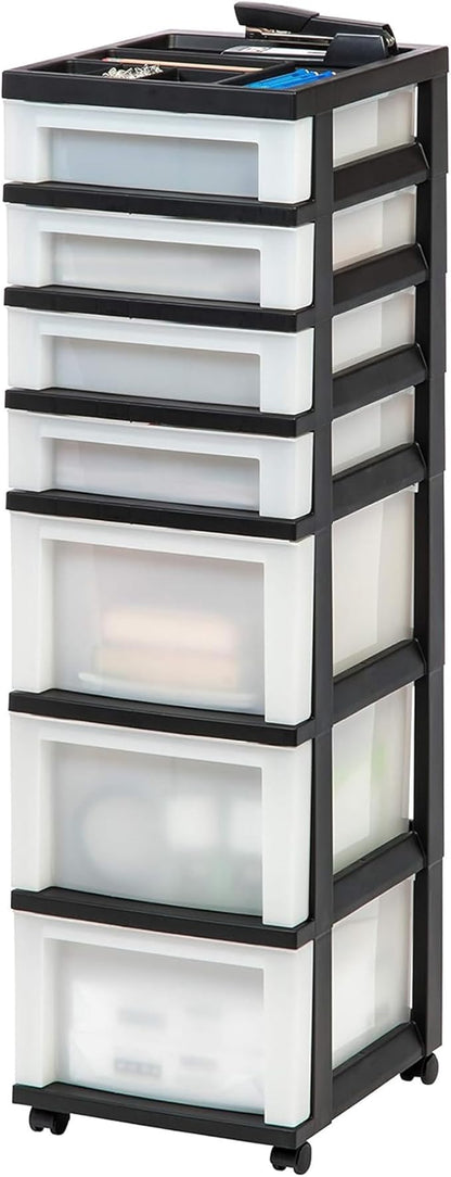 IRIS USA Plastic Drawer Storage Organizer Rolling Cart, with Wheels Casters, 2-Pack, 7-Drawers, for Classroom Art Craft Supplies Dresser Closet Bathroom Laundry Room, Black/Pearl - Image 4