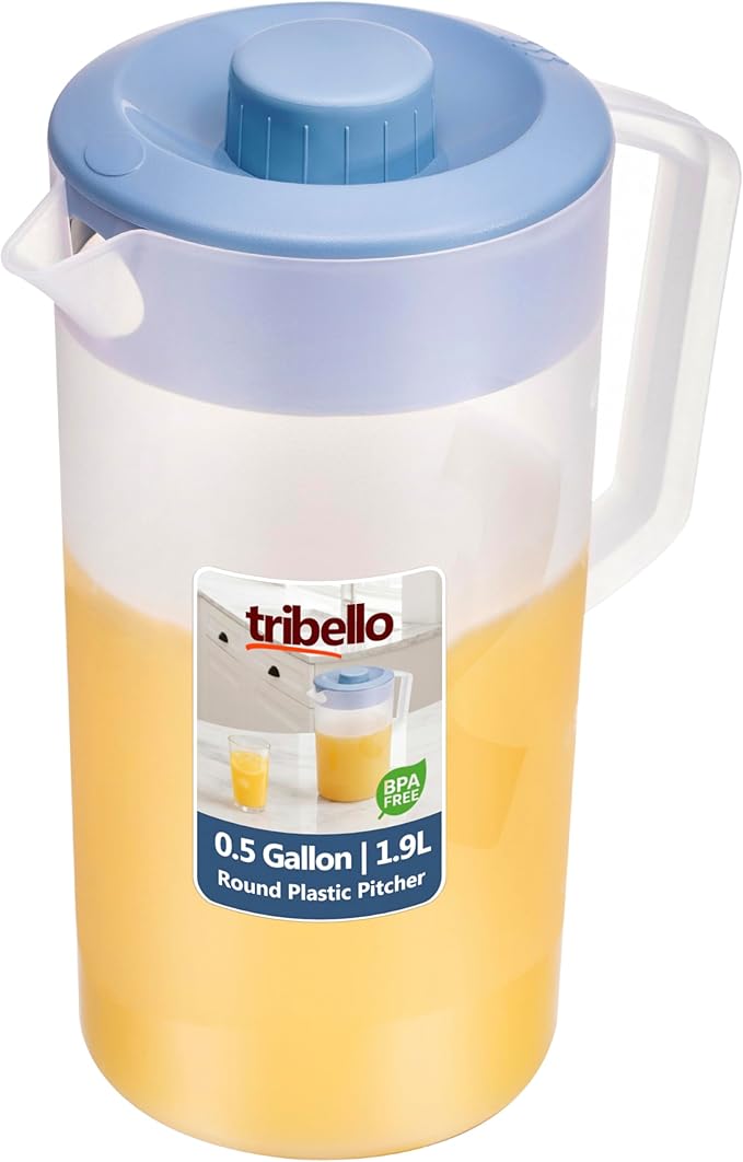 Tribello Pitcher with Lid Half Gallon, Clear Round Plastic Water Pitcher with 3-Way Lid, Ideal for Lemonade, Ice Tea, and Drinks, Freezer/Dishwasher Safe, and BPA Free (0.5 Gallon/2 Liters) by Tribello