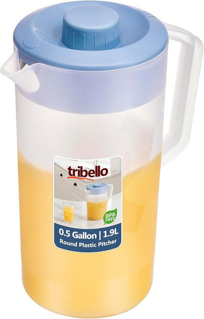 Tribello Pitcher with Lid Half Gallon, Clear Round Plastic Water Pitcher with 3-Way Lid, Ideal for Lemonade, Ice Tea, and Drinks, Freezer/Dishwasher Safe, and BPA Free (0.5 Gallon/2 Liters) by Tribello