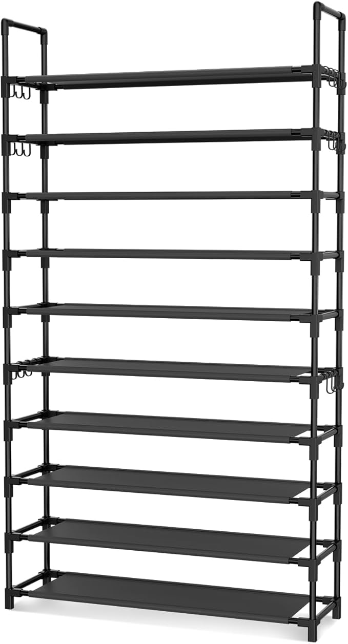 LANTEFUL Tall Shoe Rack 10 Tier Shoe Organizer Large Shoe Shelf with 18 Hooks Storage for 50 Pair, Stackable Vertical Shoe Rack Organizer for Closet, Entryway, Bedroom - Image 8