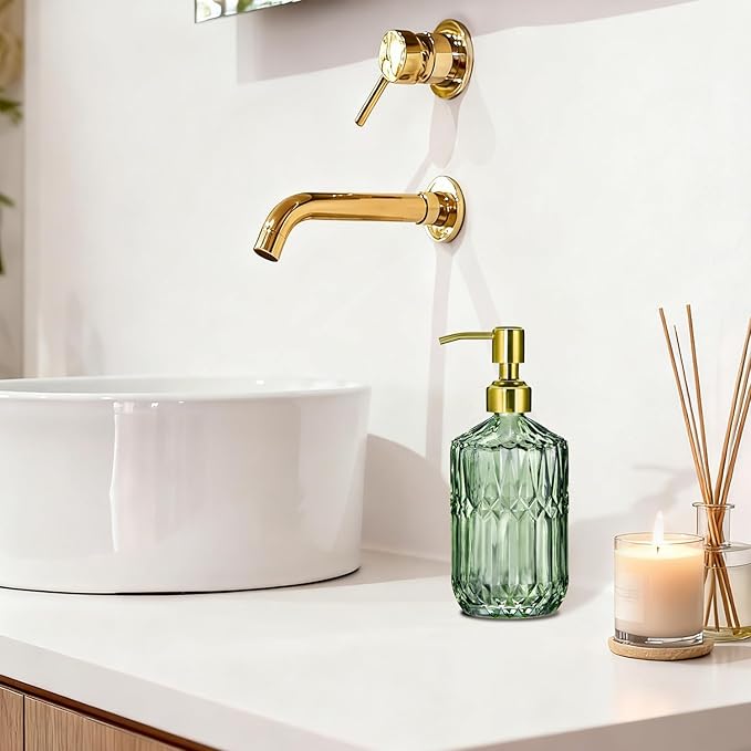 COHOSEGE 17 Oz Green Glass Kitchen Soap Dispenser for Dish Soap, 2 Pack Bathroom Soap Dispenser Set with Gold Rust Proof Pump for Lotion, Hand soap or Body Wash - Image 5