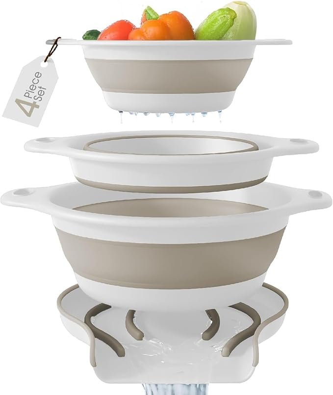 Gevoli Collapsible Colanders (3 Pack Set) Food Strainers with Over-Sink Water Draining Base for Pasta Fruits and Vegetables, White/Beige (3 Sizes, 3QT, 4QT and 5 Quart) by Gevoli