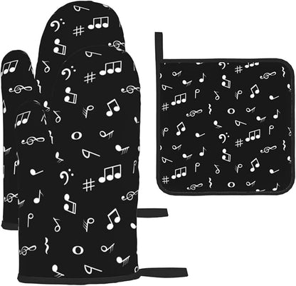 Music Notes Oven Mitts and Pot Holders Sets of 3 Black Hot Pads Musicial Oven Gloves Heat Resistant Non Slip Washable for Kitchen Cooking Grilling Baking by Unknown