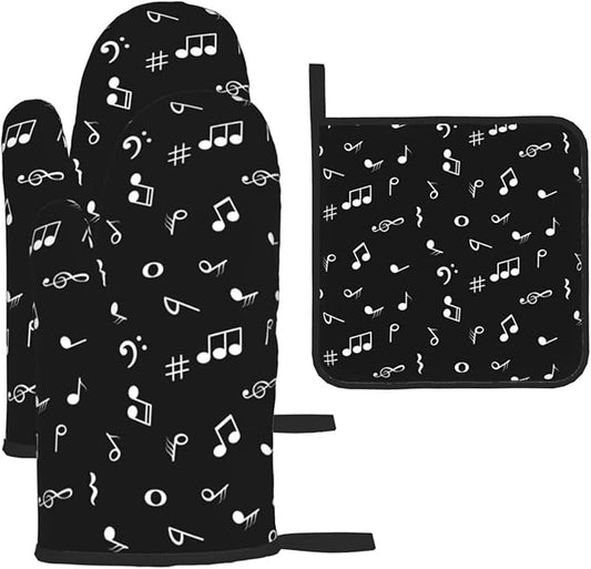 Music Notes Oven Mitts and Pot Holders Sets of 3 Black Hot Pads Musicial Oven Gloves Heat Resistant Non Slip Washable for Kitchen Cooking Grilling Baking by Unknown