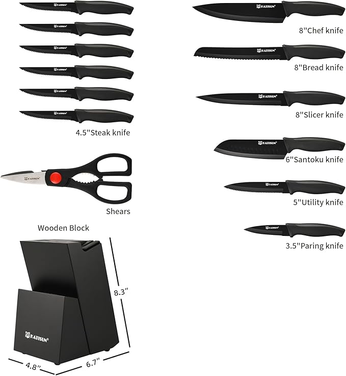 15-Piece Stainless Steel Kitchen Knife Set, Built-in Knife Sharpener, Dishwasher Safe, Ergonomic Non-Slip Handles, 6 Steak Knives, Black