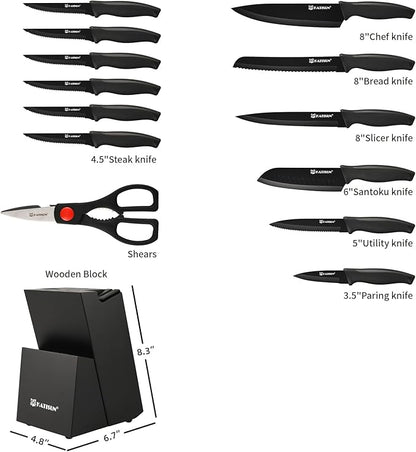 15-Piece Stainless Steel Kitchen Knife Set, Built-in Knife Sharpener, Dishwasher Safe, Ergonomic Non-Slip Handles, 6 Steak Knives, Black