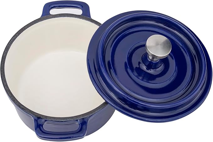 Flavehc Mini Cocotte 16 oz Mini Dutch Oven 0.5 qt. Cast Iron Garlic Roaster for Oven Garlic Confit Pot Ramekins with Lids Oven Safe Set of 2, Blue