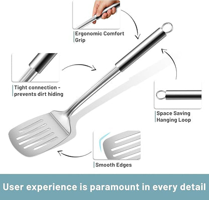 Pleafind Stainless Steel Cooking Utensils Set, 6 Pcs Heat Resistant Kitchen Utensils Set, Nonstick Kitchen Tools for Cooking, Baking, Metal Spatula Set for Chef, Dishwasher Safe