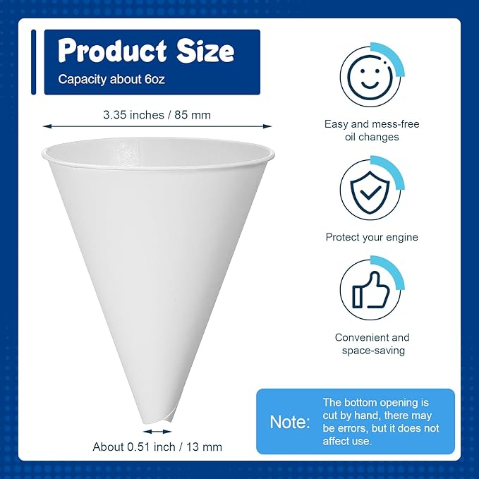 SiliFine 50 Pcs Paper Funnels for Motor Oil 6 oz Disposable Engine Oil Funnel for Gas Car Change Cone Fluid Automotive Use Dispensers or Kitchen Filling Bottle
