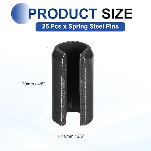 MECCANIXITY 25Pcs Slotted Split Roll Pins 2/5 Inch(10mm) Dia. 4/5 Inch(20mm) Length 65Mn Steel Spring Tension Expansion Dowels for Secure Fastening, Black