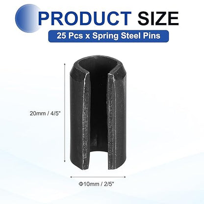 MECCANIXITY 25Pcs Slotted Split Roll Pins 2/5 Inch(10mm) Dia. 4/5 Inch(20mm) Length 65Mn Steel Spring Tension Expansion Dowels for Secure Fastening, Black
