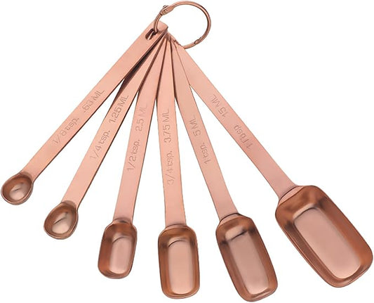 DOCBLACK 6PCS Measuring Spoons Set, Premium Heavy Duty Stainless Steel Metal Kitchen Measuring Tools Set, for Cooking Baking, for Dry or Liquid, Fits in Spice Jar - Rose Gold