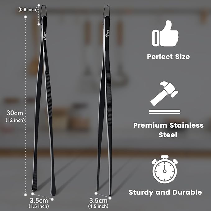 HOTEC Kitchen Tweezers Tongs Stainless Steel Professional Chef Tweezers, Set of 2-12inch Extra-Long Food Tongs for Cooking,Grill and Baking - Image 2
