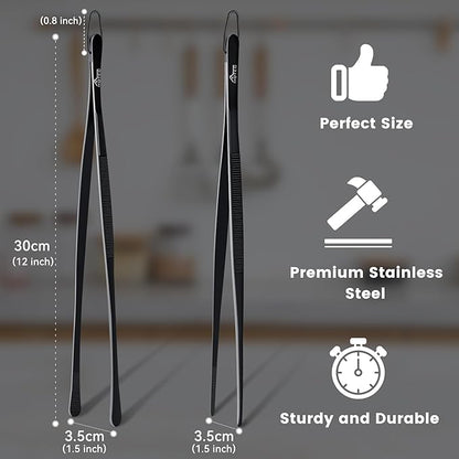 HOTEC Kitchen Tweezers Tongs Stainless Steel Professional Chef Tweezers, Set of 2-12inch Extra-Long Food Tongs for Cooking,Grill and Baking - Image 2