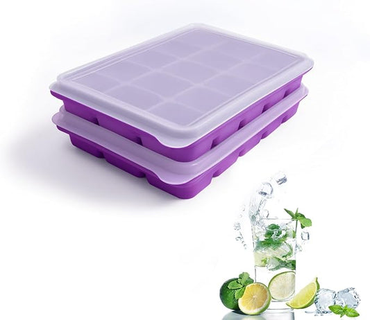 Tvmania Ice Cube Trays Set of 2, Easy Release 15 Flexible Silicone Ice Cube Molds with Removable Lid Reusable Freezer Ice Trays Stackable for Whiskey, Baby Food, BPA Free (purple) by Tvmania