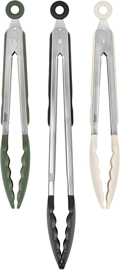 Tovolo Stainless Steel Tongs with Silicone Tip 9” 9” 12 Inch Oatmeal Thyme Green Black Heat Resistant Kitchen Tongs for Cooking Grilling Air Fryer, Stainless Steel Dishwasher Safe Metal Tong Set of 3