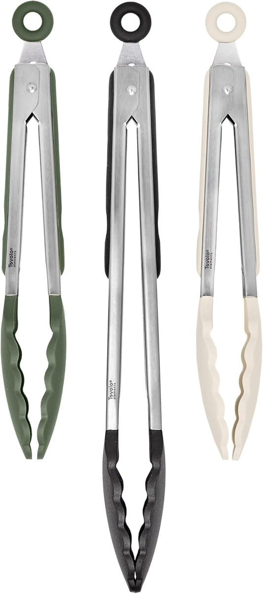 Tovolo Stainless Steel Tongs with Silicone Tip 9” 9” 12 Inch Oatmeal Thyme Green Black Heat Resistant Kitchen Tongs for Cooking Grilling Air Fryer, Stainless Steel Dishwasher Safe Metal Tong Set of 3
