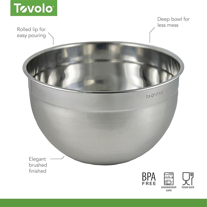 Tovolo XL Mixing Bowl Stainless Steel 7 Quart Extra Large Metal Mixing Bowls, Dishwasher Safe Big Deep Metal Bowl for Baking and Cooking Prep with Easy Pour Lip, Bowl for Salad Mixing Bread Kneading - Image 6