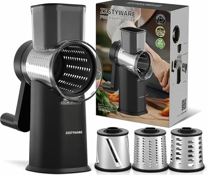 Rotary Cheese Grater Hand Crank with Foldable Handle, 3 Stainless Steel Blades, Perfect Graters for Kitchen, Manual Cheese Shredder Hand Crank with Suction Base, Rotary Grader, (Black) by ZESTYWARE