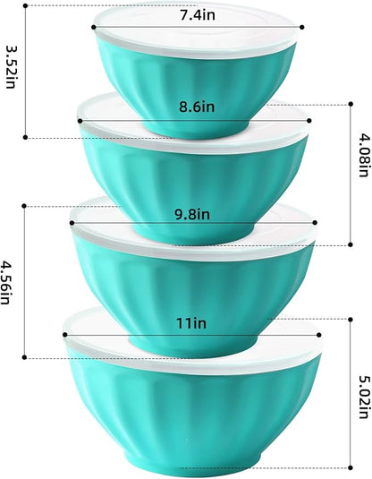 Plastic Mixing Bowls,Serving Bowls with Lids Set,4 Bowls 4 Lid 1Egg Whisk for Kitchen Mixing,Storage Food,Refrigerator, Dishwasher, Microwave safe,Blue