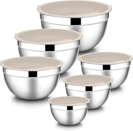 E-far Mixing Bowls with Lids, 12-Piece Stainless Steel Salad Bowls Metal Nesting Bowls for Baking Cooking and Prepping, Airtight Lids & Stackable Design, Size 7, 4.5, 3, 1.5, 1.2, 0.7 QT (Khaki) by E-far