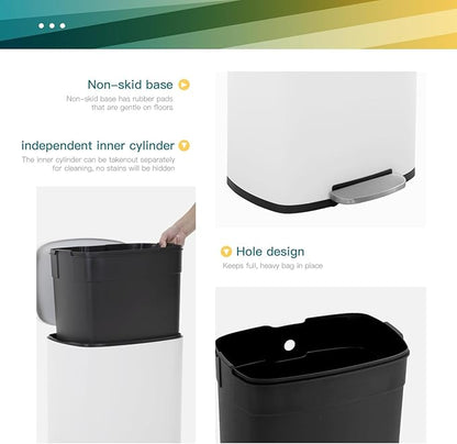 FDW | 13 Gallon Trash Can with Lid | White | Fingerprint-Proof | Made of Brushed Stainless Steel | Soft-Close Step Pedal | Hands-Free Use | Easy to Clean | for Kitchen, Office, Bathroom - Image 3
