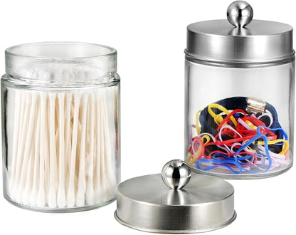SheeChung Qtip Dispenser Holder 1pcs, Glass apothecary jars with Stainless Steel Lids &Stickers, Countertop Canister Guest Bathroom Storage Organizer Set for Cotton, Floss Picks(Brushed Nickel)