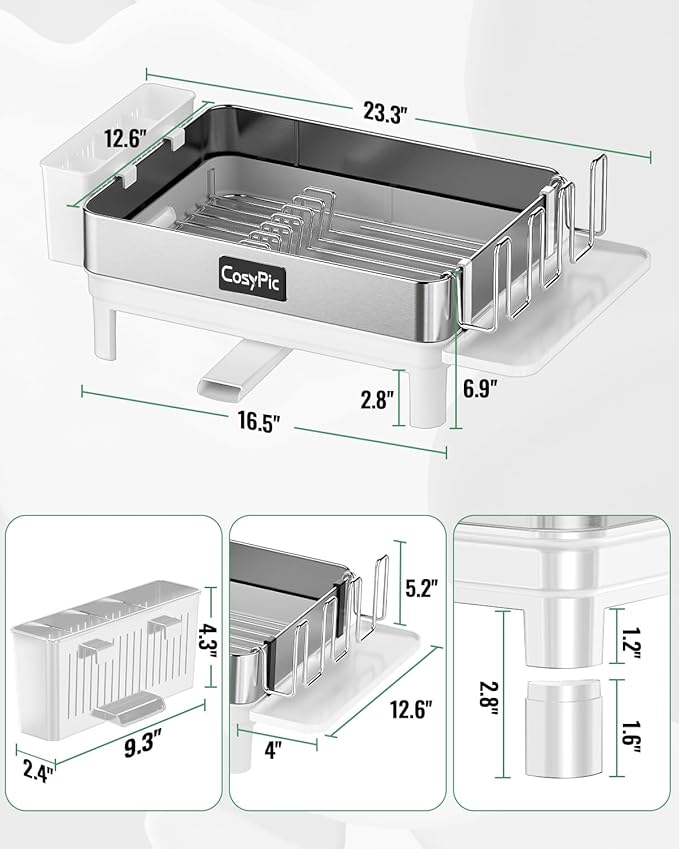 Dish Racks, Thicker Premium 304 Stainless Steel Dish Drying Rack for Kitchen Counter, Automatic Drainage Spout, Dish Drainer & Drainboard Set with Utensil Holder and Cup Holder, White - Image 7
