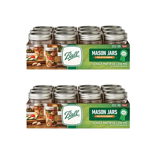 Ball Regular Mouth Glass Mason Jars with Lids and Bands, Used for Canning (Half Pint, 8 Ounce (Pack of 24)) by BallJar