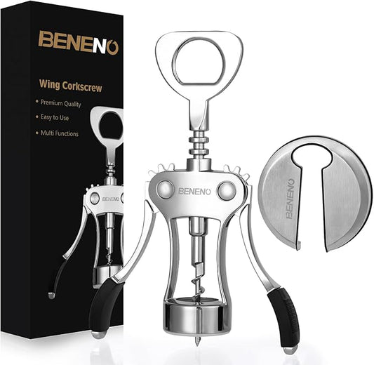 Beneno Wine Opener with Stainless Steel Wine Foil Cutter - Bottle Top Seal Cutter, Zinc Alloy Premium Wing Corkscrew with Multifunctional Bottles Opener, Ash silver by Beneno