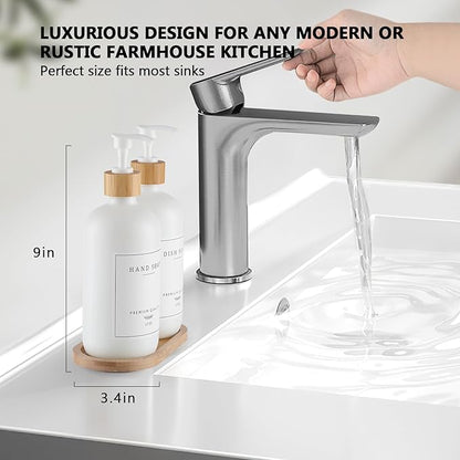 White Glass Soap Dispenser - Hand Dish Soap Dispenser Set for Kitchen, Bathroom with Sturdy Pump and Tray, 14 Waterproof Labels,Refillable Soap Lotion Dispenser-White