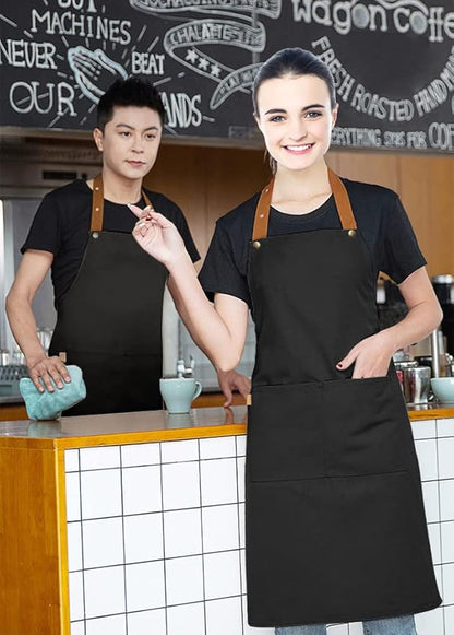 Kitchen Bib Apron with Pockets, Women Men Adjustable Neck Strap Water Resistant Apron for Chef Artist Waiter