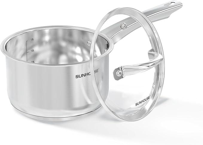 SUNHOUSE – 2 Quarts Stainless Steel Sauce Pan with Lid - PFOA-Free, Stainless Steel Sauce Pan, Advanced Impact Bonding Induction Base, Stay-Cool Handle, Compatible with All Cooktops by SUNHOUSE