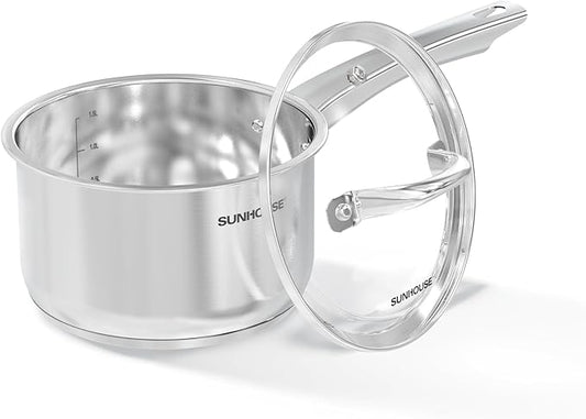 SUNHOUSE – 2 Quarts Stainless Steel Sauce Pan with Lid - PFOA-Free, Stainless Steel Sauce Pan, Advanced Impact Bonding Induction Base, Stay-Cool Handle, Compatible with All Cooktops by SUNHOUSE