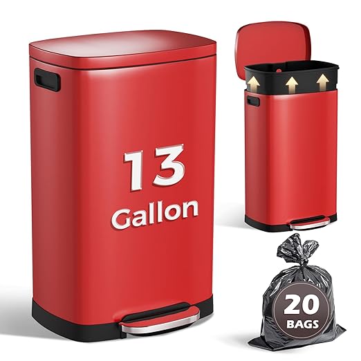 ELPHECO LPHECO Kitchen Trash Can with Lid Soft Close, 13 Gallon / 50L Stainless Steel Pedal Garbage Can, Heavy-Duty Step Wastebasket with 20 Bags, Removable Bucket, Home Office, Kitchen, Scarlet Red - Image 8